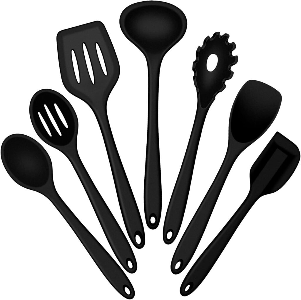 Silicone Cooking Utensils Set, E-far 7-Piece Black Heat Resistant Kitchen Utensils Set, Kitchen Nonstick Tools Spatula Ladle Spoon Pasta Server for Non-stick Cookware, Non-Toxic  Dishwasher safe