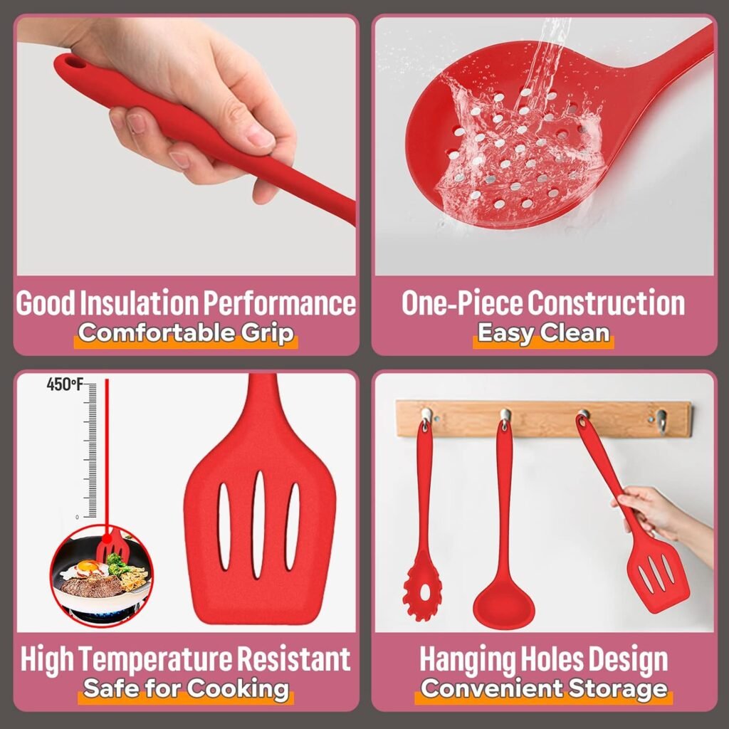 Silicone Cooking Utensils Set, E-far 7-Piece Black Heat Resistant Kitchen Utensils Set, Kitchen Nonstick Tools Spatula Ladle Spoon Pasta Server for Non-stick Cookware, Non-Toxic  Dishwasher safe