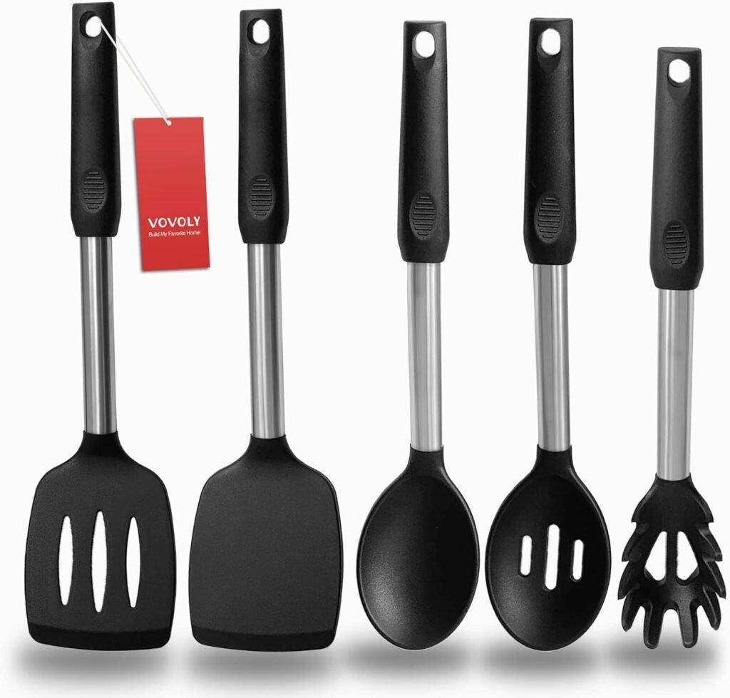 Silicone Spatula and Cooking Spoon,5 Pack Non-Stick Cooking Utensils for Kitchen，Heat Resistant Solid  Slotted Spoons and Spatulas, Stainless Steel Handle Coated with Silicone,Black