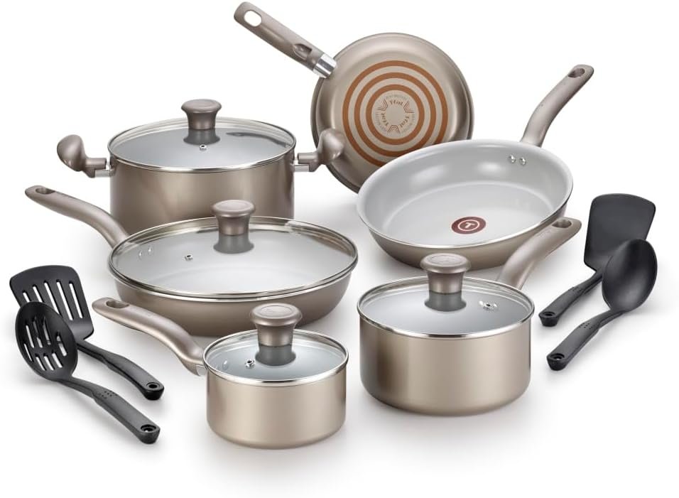 T-fal Initiatives Ceramic Nonstick Cookware Set 14 Piece Oven Safe 350F Pots and Pans Gold