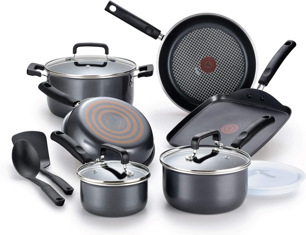 T-fal Signature Nonstick Cookware Set 12 Piece Oven Safe 350F Pots and Pans, Dishwasher Safe Black