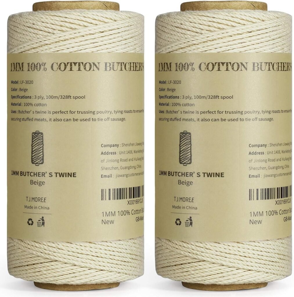 TJ.MOREE Butchers Twine, 3Ply 100m/328 1mmThick Feet String Food Oven Safe Cotton Cooking Meat Rope Bakers Twine Fit to Parcel Sausage and Decorate Crafts (Beige)