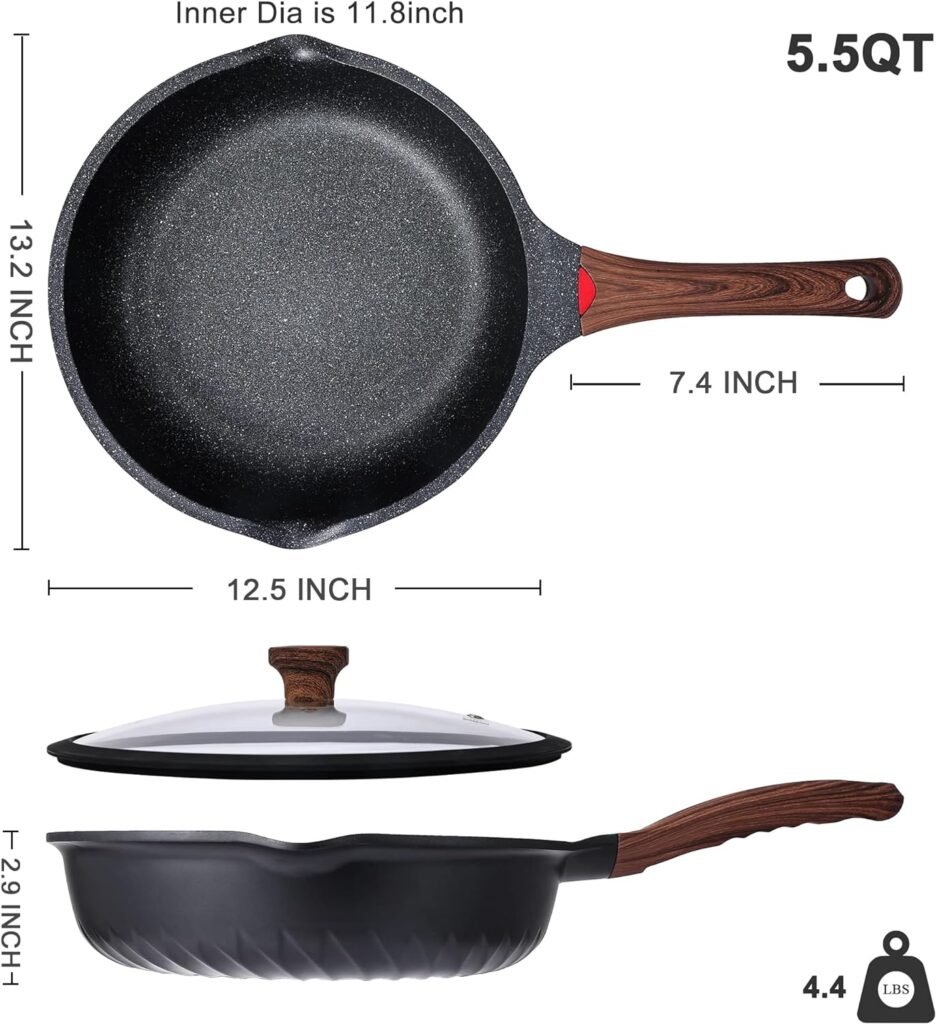 Vinchef Nonstick Deep Frying Pan Skillet with Lid, 11in/5Qt Saute Pan, German 3C+ Ceramic Coating Technology, Heat Indicator, Induction Compatible