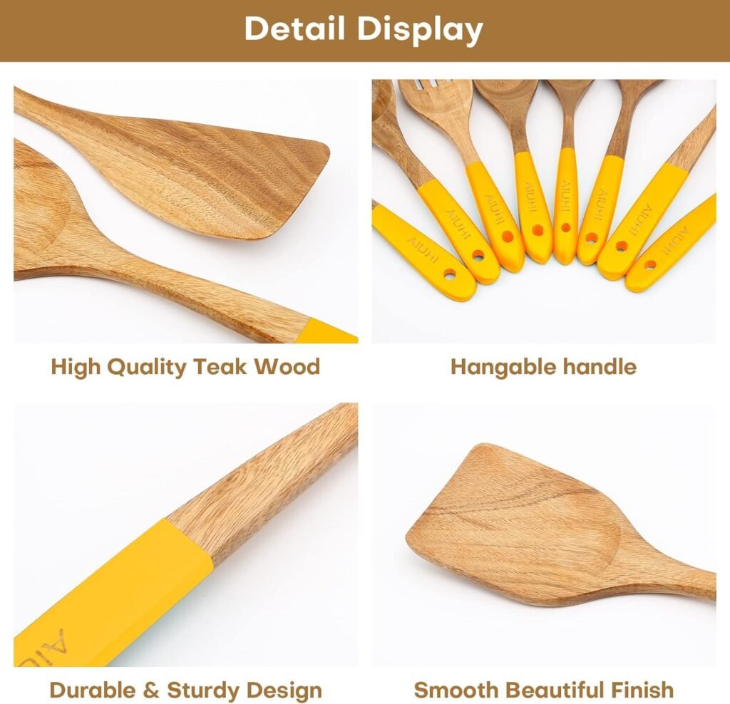 Wood Spoons for Cooking,Nonstick Kitchen Utensil Set,Wooden Spoons Cooking Utensil Set Non Scratch Natural Teak Wooden Utensils for Cooking(Teak 8 Pack)