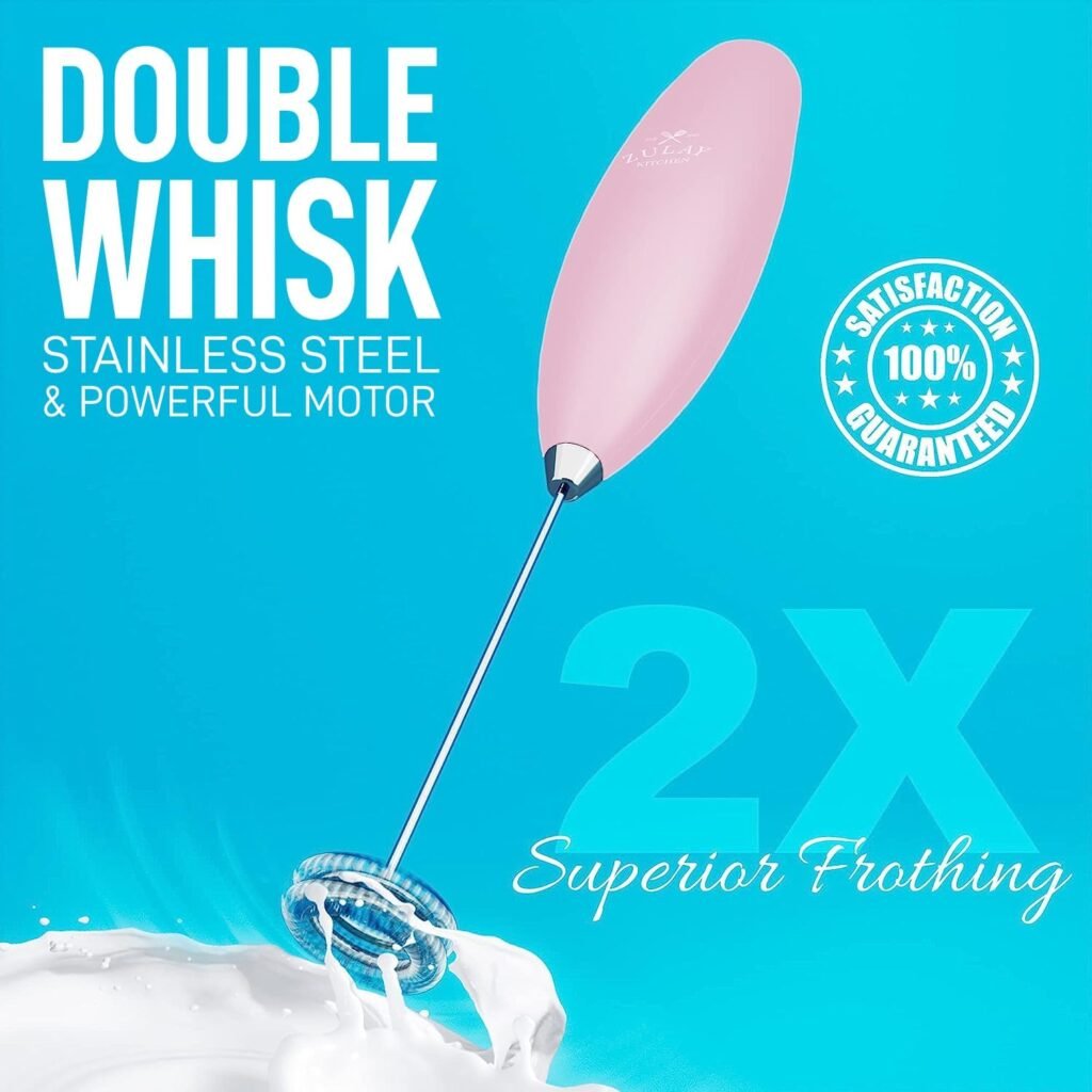 Zulay Double Whisk Milk Frother Handheld Mixer - High Powered Frother For Coffee With Improved Motor - Electric Whisk Drink Mixer For Cappuccino, Frappe, Matcha  More, Twin Whisk (Blizzard White)