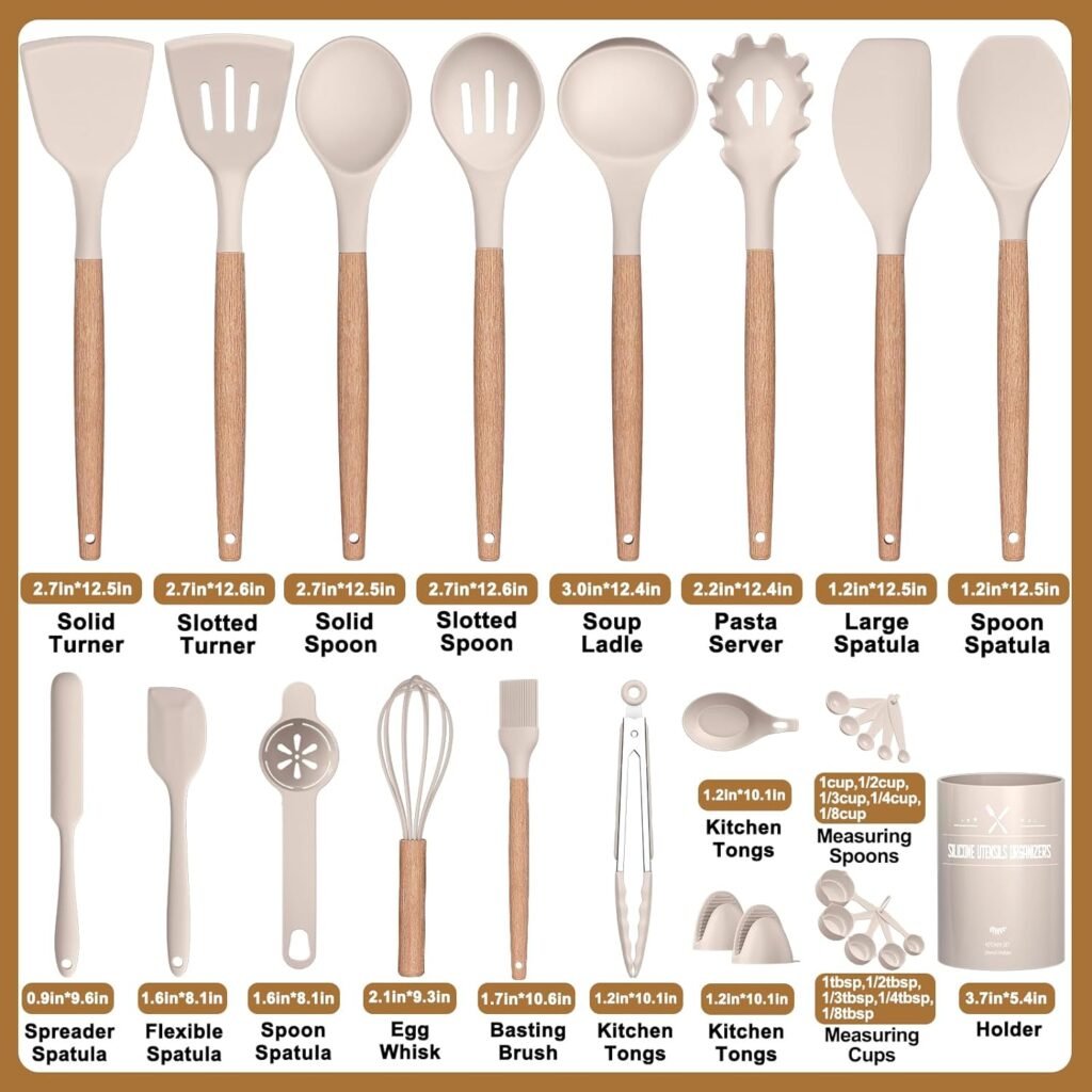 28 Pcs Silicone Cooking Utensils Kitchen Utensil Set - 446°F Heat Resistant, Turner Tongs, Spatula, Spoon, Brush, Whisk, Wooden Handle, Kitchen Gadgets with Holder for Nonstick Cookware (White)