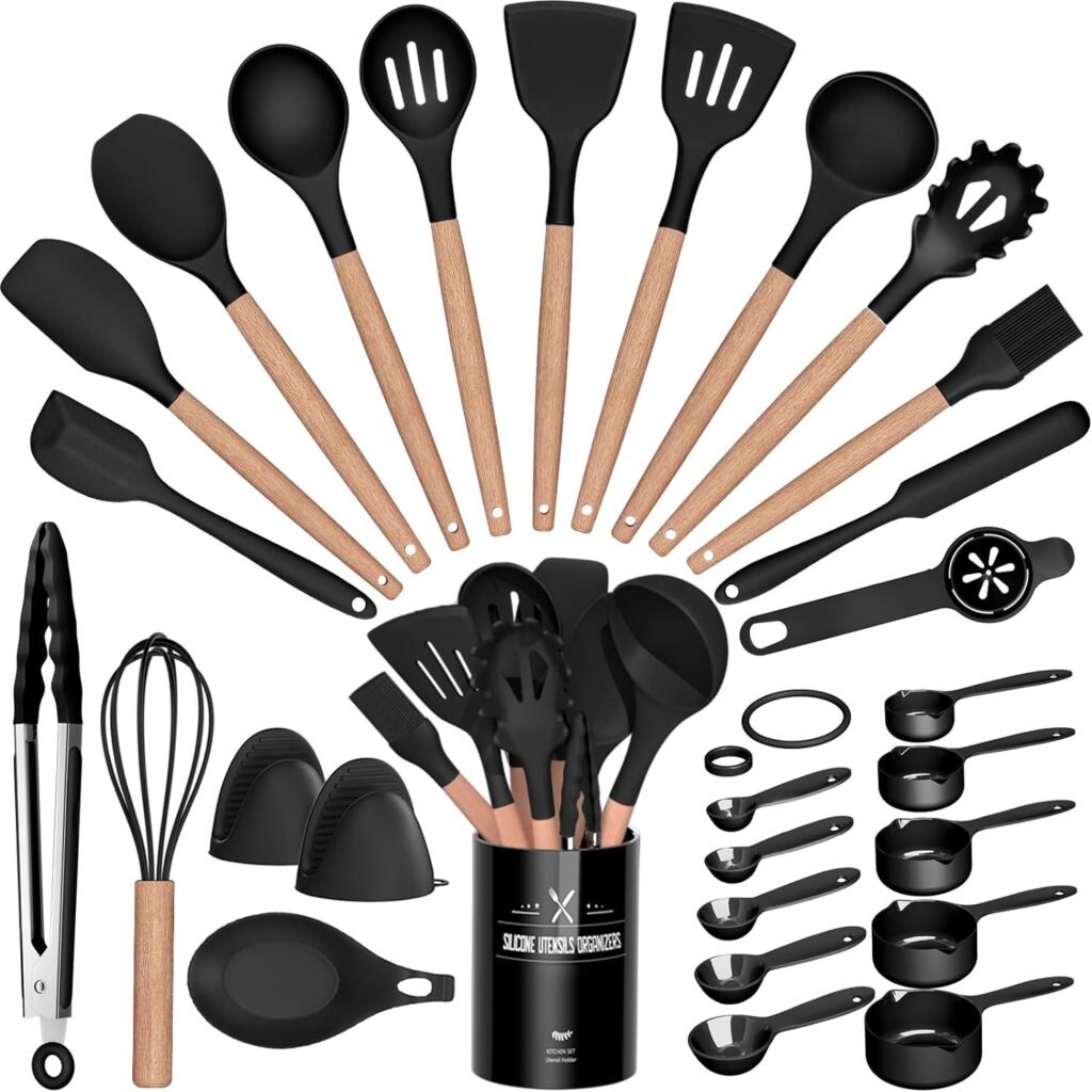 28 Pcs Silicone Cooking Utensils Kitchen Utensil Set - 446°F Heat Resistant, Turner Tongs, Spatula, Spoon, Brush, Whisk, Wooden Handle, Kitchen Gadgets with Holder for Nonstick Cookware (White)