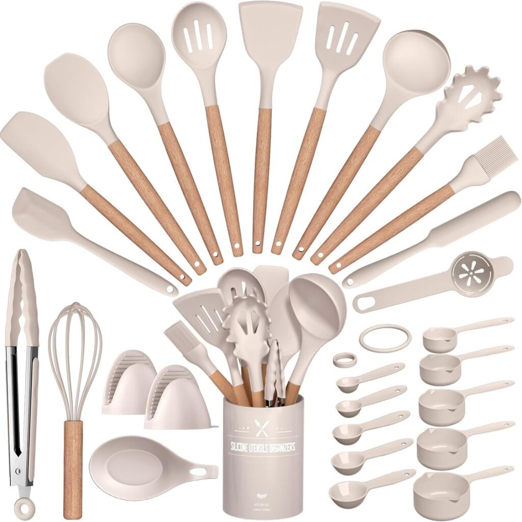 28 Pcs Silicone Cooking Utensils Kitchen Utensil Set - 446°F Heat Resistant, Turner Tongs, Spatula, Spoon, Brush, Whisk, Wooden Handle, Kitchen Gadgets with Holder for Nonstick Cookware (White)