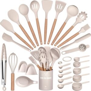 28 pcs silicone cooking utensils kitchen utensil set 446f heat resistant turner tongs spatula spoon brush whisk wooden h 4