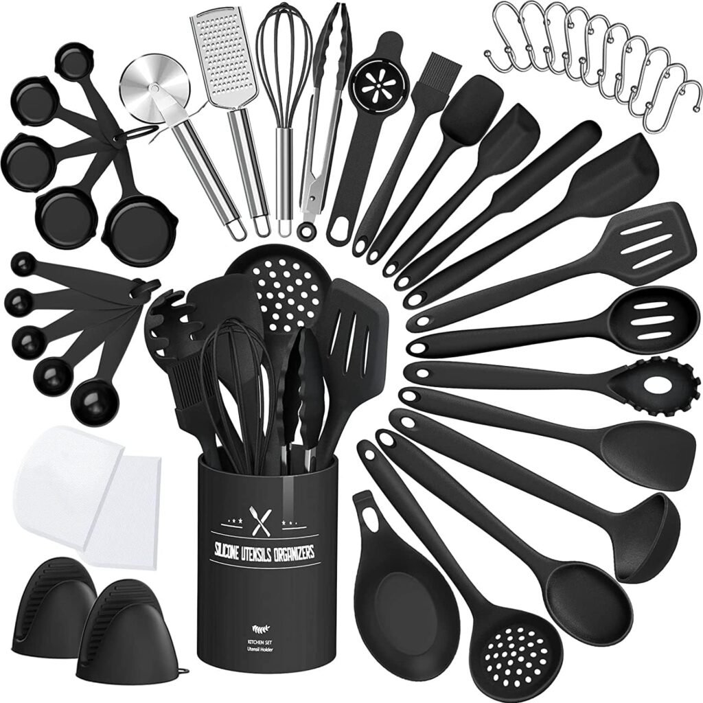 43 Pcs AIKKIL Kitchen Utensils Set, Heat Resistant Silicone Cooking Kitchen Utensils Set with Holder, Spoon, Spatula, Kitchen Gadgets Tools Set For Nonstick Cookware, Dishwasher(BPA Free, Black)