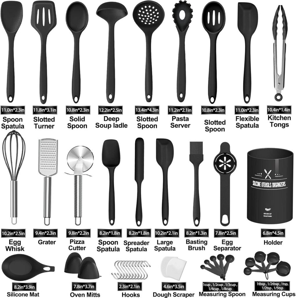 43 Pcs AIKKIL Kitchen Utensils Set, Heat Resistant Silicone Cooking Kitchen Utensils Set with Holder, Spoon, Spatula, Kitchen Gadgets Tools Set For Nonstick Cookware, Dishwasher(BPA Free, Black)