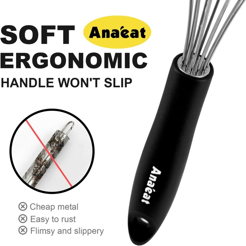 Anaeat Silicone Balloon Whisk, Perfect for Non-Stick Cookware, Milk and Egg Beater Blender, Heat Resistant Kitchen Whisks for Whisking, Cooking, Baking, Beating, Frothing  Stirring (Black)