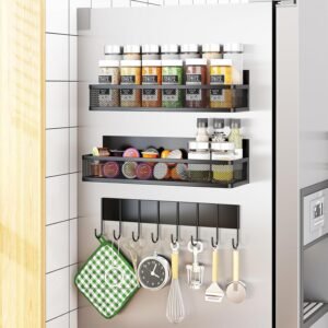 aufworld magnetic spice rack for refrigerator 3 pack magnetic shelf moveable magnetic fridge organizer with 8 hook rack