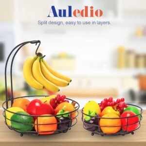 auledio iron 2 tier countertop fruit vegetables basket bowl storage with banana hanger black 64 ounces 1