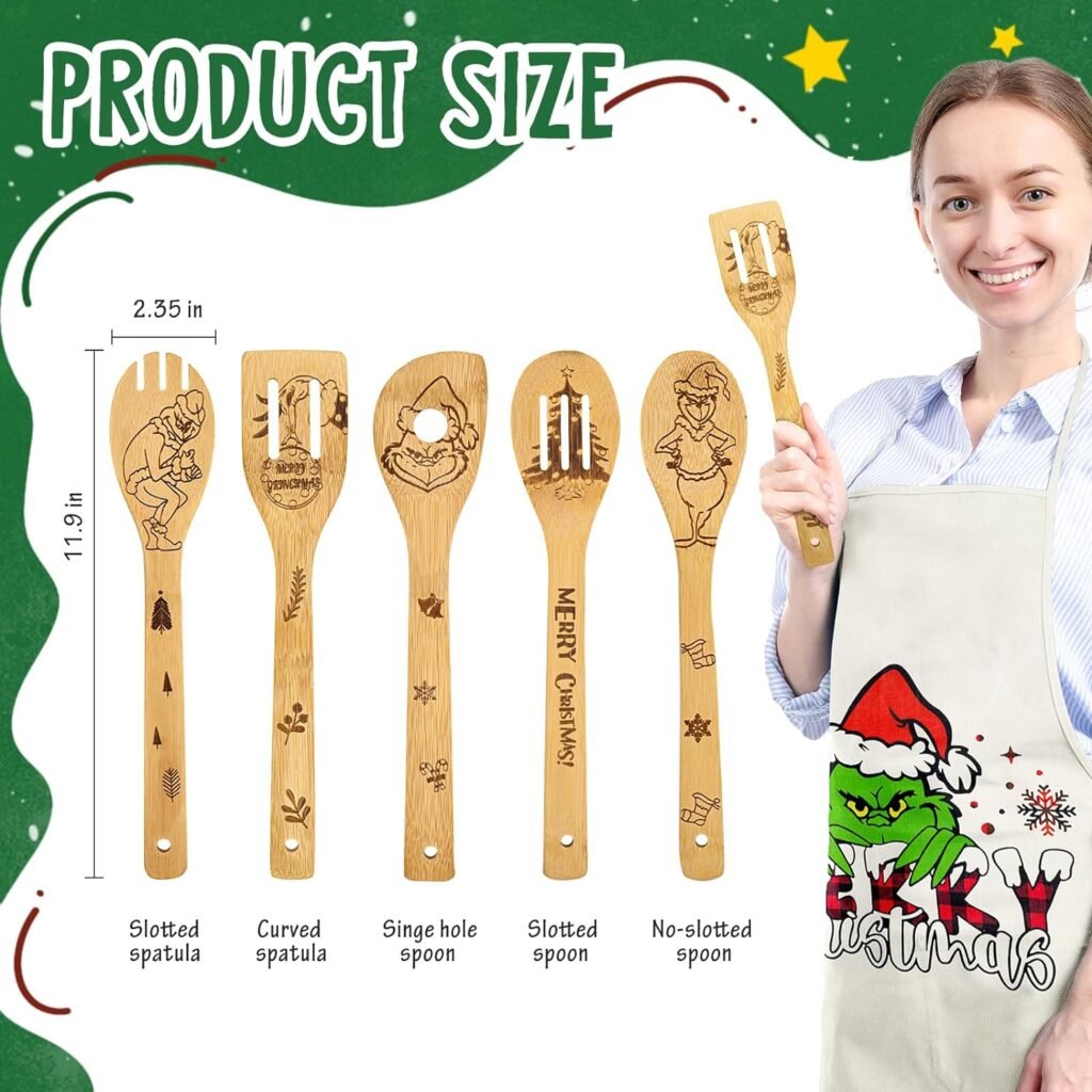 Bamboo Cooking Utensils 6PC Set Merry Christmas Gifts, Cooking Kitchen Utensils Set Kitchen Decor Christmas Green Monster 5X Organic Bamboo Spoons, 1X Kitchen Apron, Xmas Smooth Kitchen Utensils Set