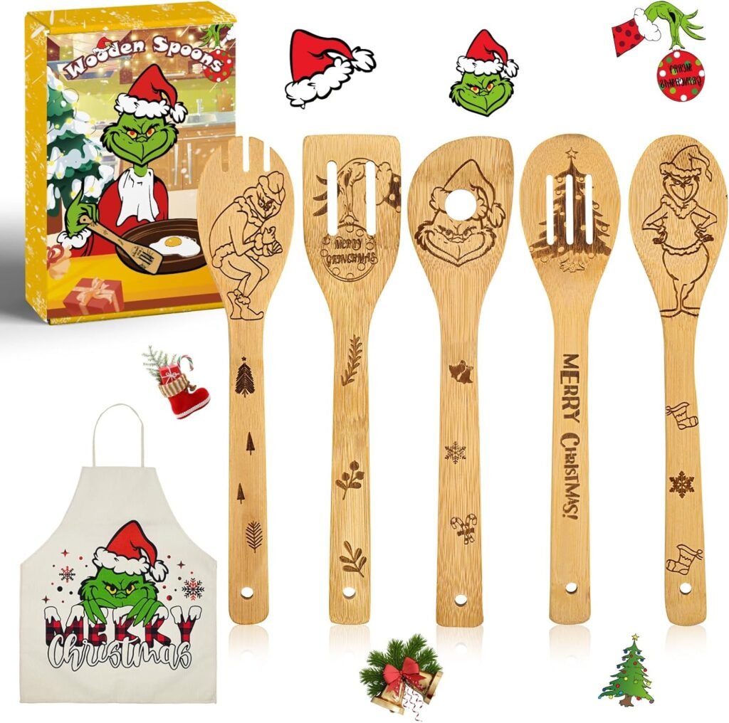 Bamboo Cooking Utensils 6PC Set Merry Christmas Gifts, Cooking Kitchen Utensils Set Kitchen Decor Christmas Green Monster 5X Organic Bamboo Spoons, 1X Kitchen Apron, Xmas Smooth Kitchen Utensils Set