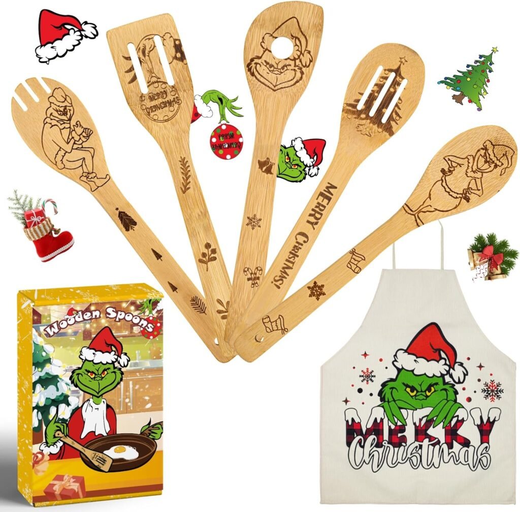 Bamboo Cooking Utensils 6PC Set Merry Christmas Gifts, Cooking Kitchen Utensils Set Kitchen Decor Christmas Green Monster 5X Organic Bamboo Spoons, 1X Kitchen Apron, Xmas Smooth Kitchen Utensils Set