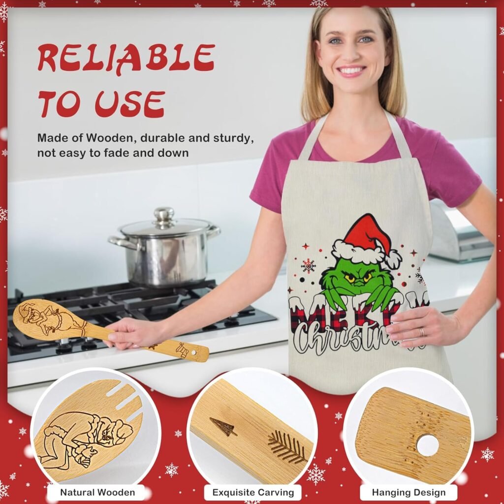 Bamboo Cooking Utensils 6PC Set Merry Christmas Gifts, Cooking Kitchen Utensils Set Kitchen Decor Christmas Green Monster 5X Organic Bamboo Spoons, 1X Kitchen Apron, Xmas Smooth Kitchen Utensils Set