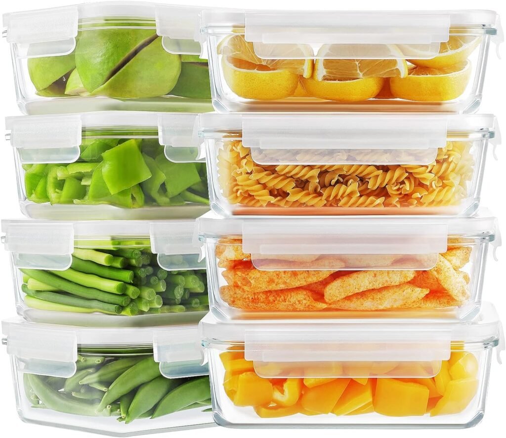 Bayco 8 Pack Glass Food Storage , Meal Prep Containers, Airtight with Lids - BPA-Free  Leak Proof (8 lids  8 Containers) 30oz