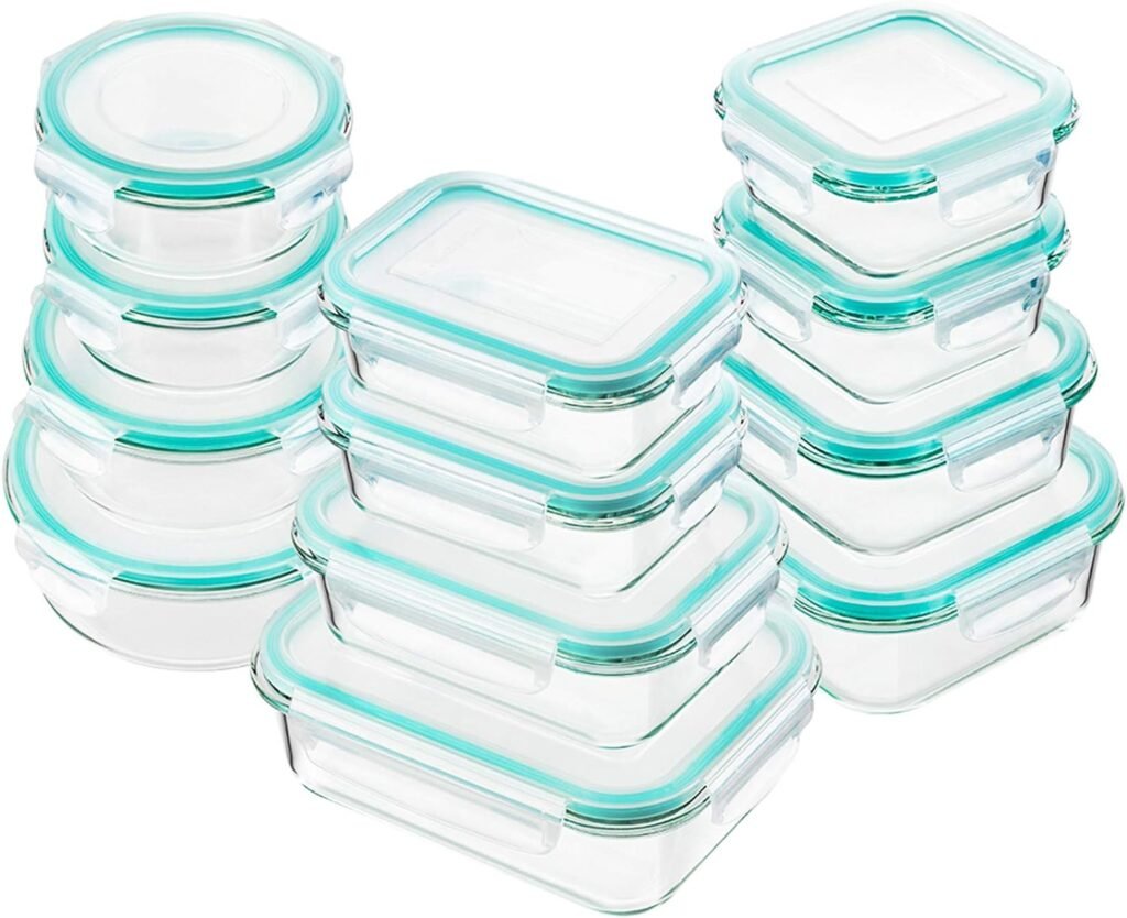 Bayco Glass Food Storage Containers with Lids, [24 Piece] Meal Prep, Airtight Bento Boxes, BPA Free  Leak Proof (12 lids  12 Containers) - Blue