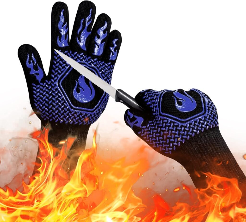 BBQ Fireproof Gloves, Grill Cut-Resistant Gloves 1472°F Heat Resistant Gloves, Non-Slip Silicone Oven Gloves, Kitchen Safe Cooking Gloves for Oven Mitts,Barbecue,Cooking, Frying,13.5 Inch-Blue