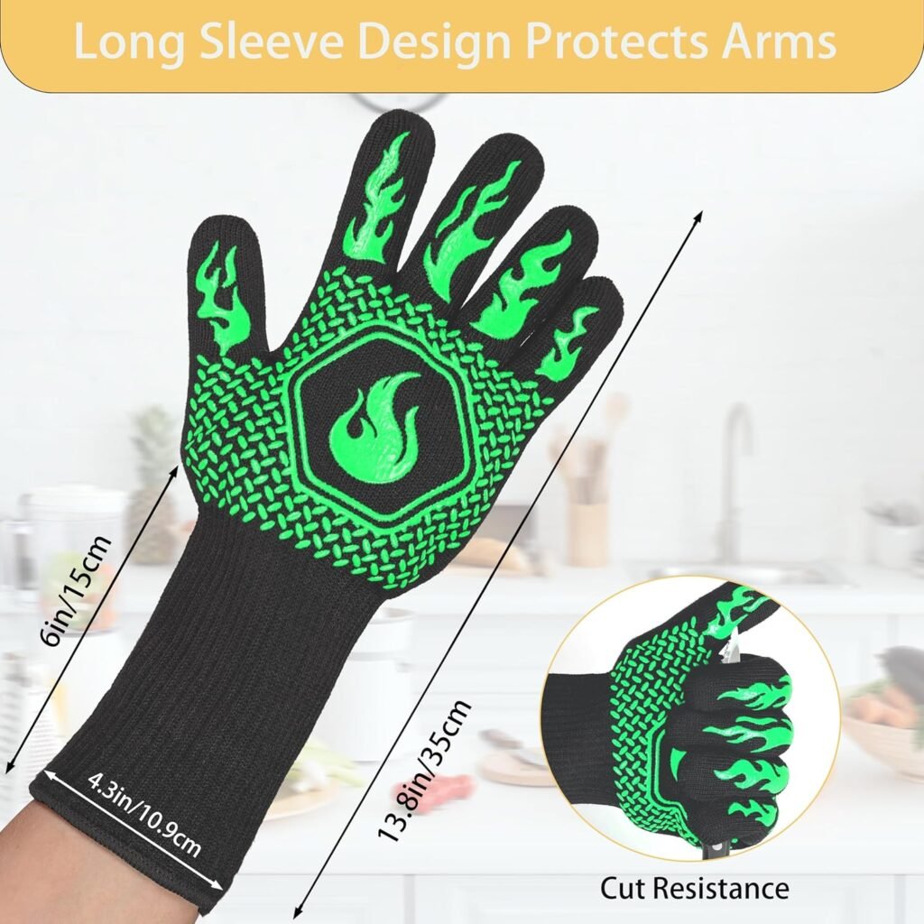 BBQ Fireproof Gloves, Grill Cut-Resistant Gloves 1472°F Heat Resistant Gloves, Non-Slip Silicone Oven Gloves, Kitchen Safe Cooking Gloves for Oven Mitts,Barbecue,Cooking, Frying,13.5 Inch-Blue