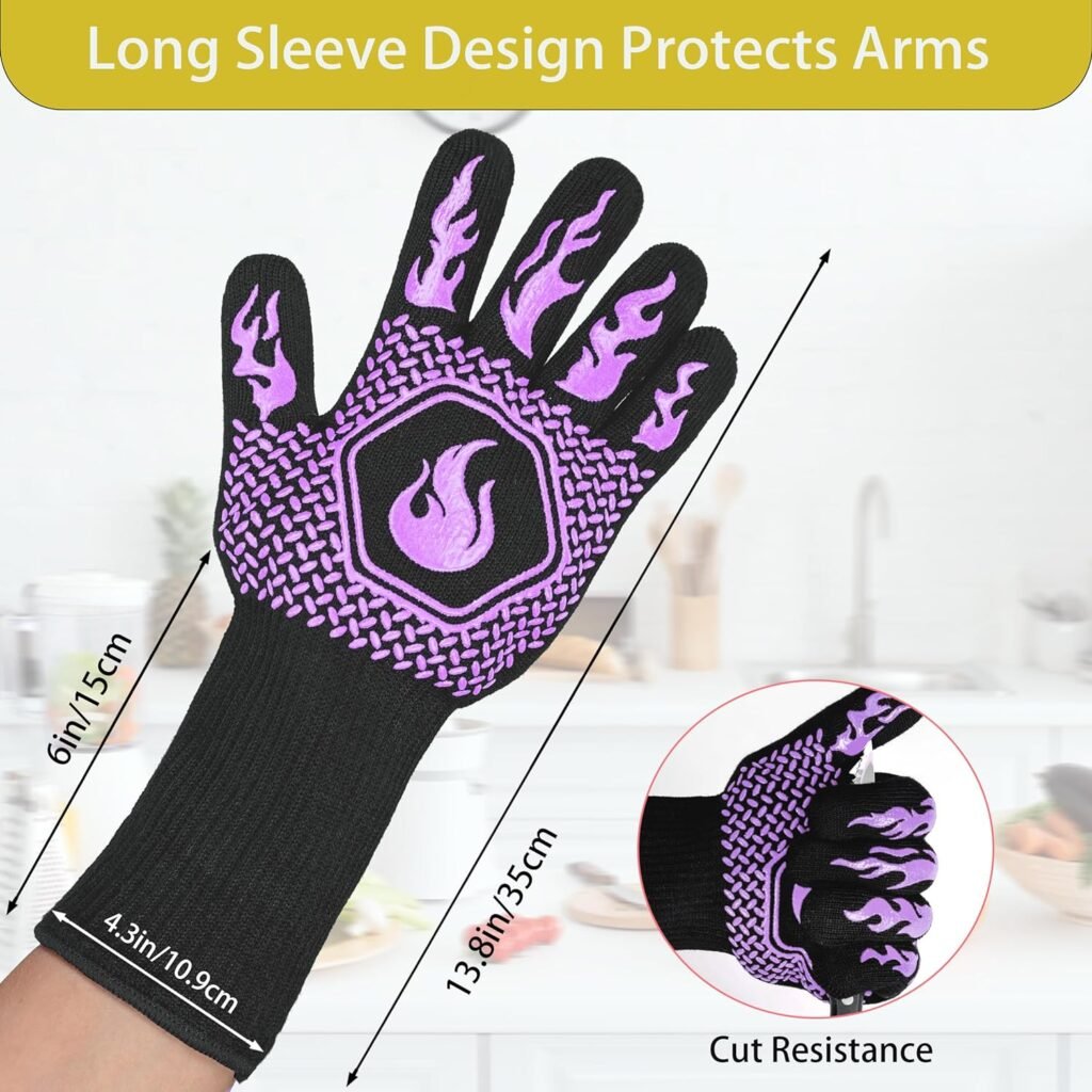 BBQ Fireproof Gloves, Grill Cut-Resistant Gloves 1472°F Heat Resistant Gloves, Non-Slip Silicone Oven Gloves, Kitchen Safe Cooking Gloves for Oven Mitts,Barbecue,Cooking, Frying,13.5 Inch-Blue