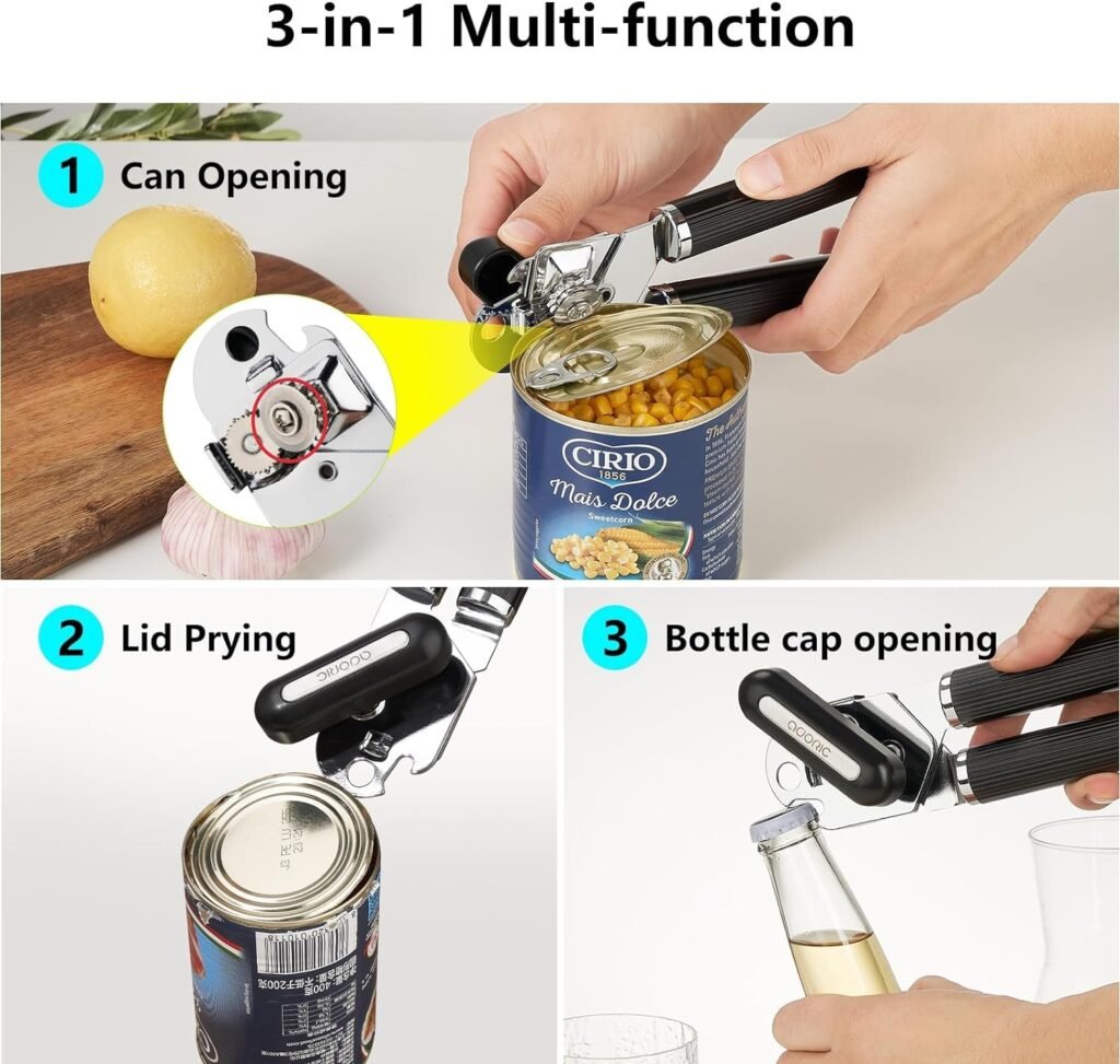 Can Opener, Manual Can Opener Kitchen Durable Heavy Duty Can Openers with Stainless Steel Sharp Blade, Ergonomic and Comfortable Anti-slip Hand Grip, Oversized Knob, Ultra Sharp  Smooth Edge