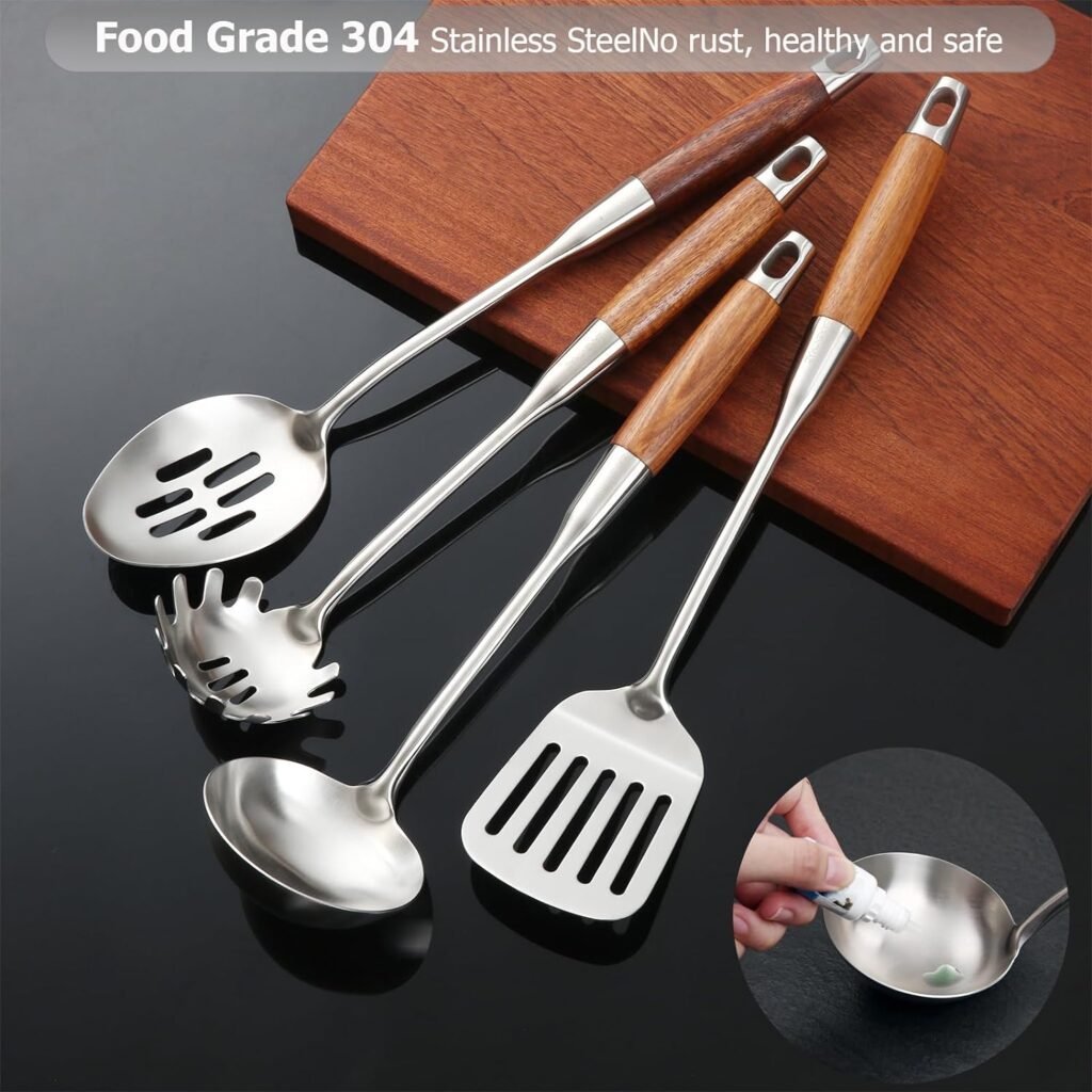 Cooking Utensil Set, Barenthal 304 Stainless Steel Kitchen Utensils Set with Wood Handle, 4 Pieces Kitchen Utensils Sets  Kitchen Gadgets Cookware Set - Slotted Spatula, Pasta, Spoon, Soup Ladle Set