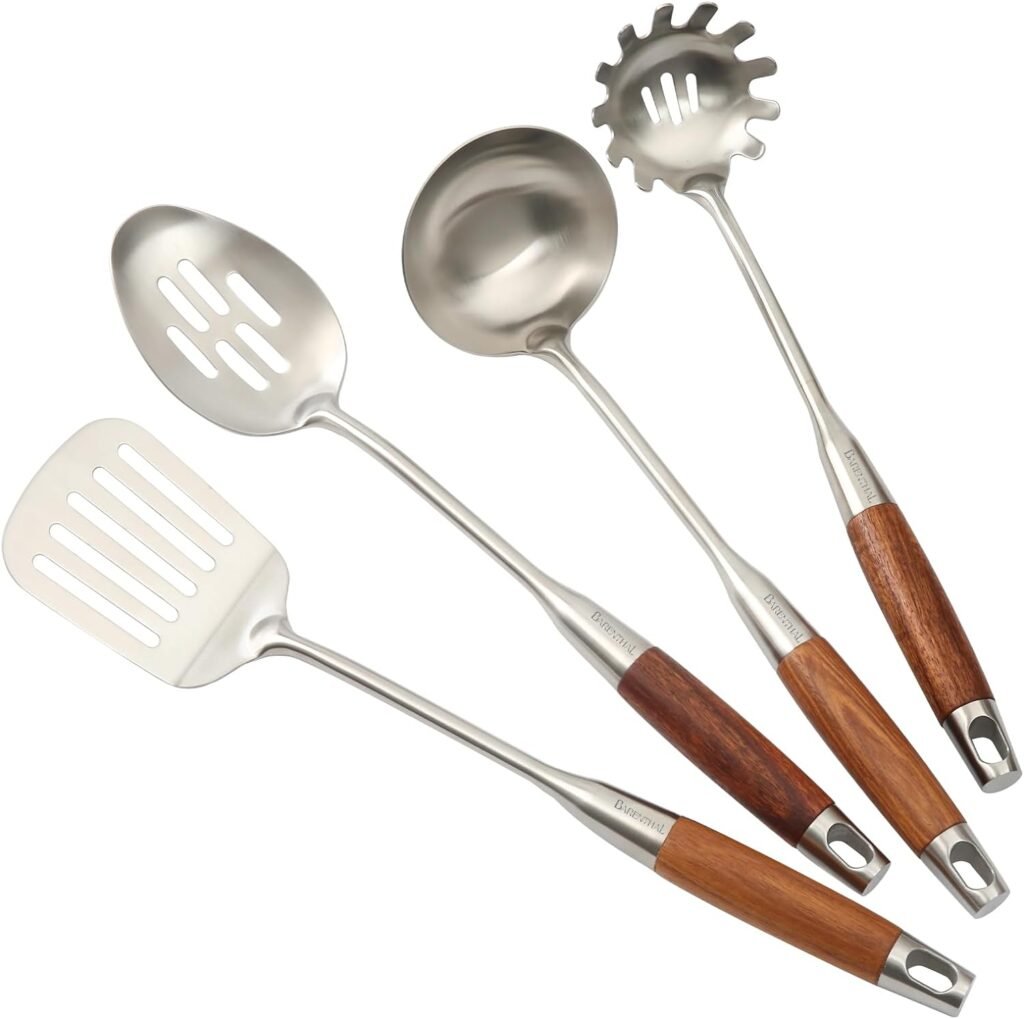 Cooking Utensil Set, Barenthal 304 Stainless Steel Kitchen Utensils Set with Wood Handle, 4 Pieces Kitchen Utensils Sets  Kitchen Gadgets Cookware Set - Slotted Spatula, Pasta, Spoon, Soup Ladle Set