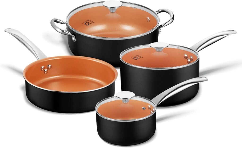 CSK Copper Aluminum Nonstick Cookware Set with Lid - Pans and Pots, All Stove Tops Compatible, Oven Safe, Ceramic Coating, 100% PTFE  PFOA Free, Stainless Steel Handle, for Stew Boil Fry, 7 Piece