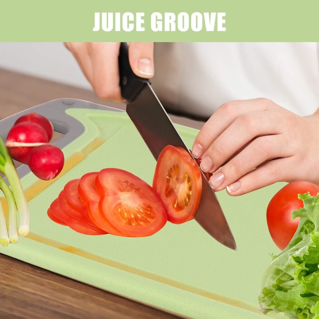 Cutting Boards for Kitchen, Plastic Chopping Board Set of 4 with Non-Slip Feet and Deep Drip Juice Groove, Easy Grip Handle, Dishwasher Safe, BPA Free, Non-porous(Blue/Gray)