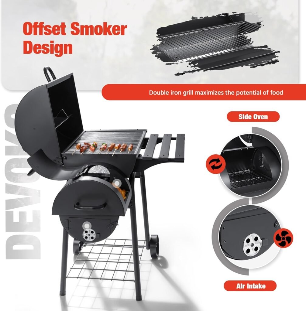 Devoko Charcoal Grill, Outdoor BBQ Grill with Offset Smoker and Side Table for Patio, Garden and Parties