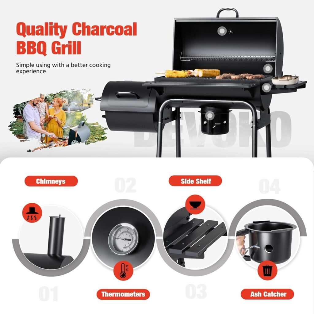 Devoko Charcoal Grill, Outdoor BBQ Grill with Offset Smoker and Side Table for Patio, Garden and Parties