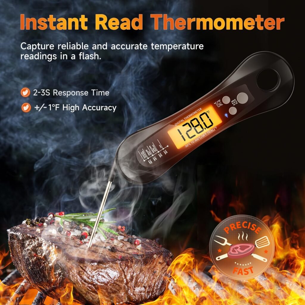 Digital Instant Read Meat Thermometer with Foldable Probe, LED Display - For Grilling, Cooking, Kitchen  BBQ