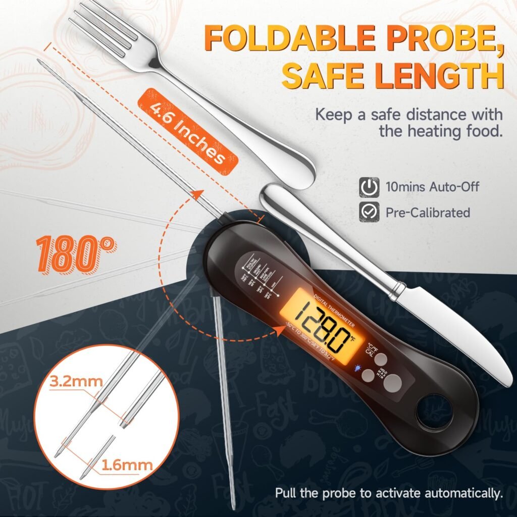 Digital Instant Read Meat Thermometer with Foldable Probe, LED Display - For Grilling, Cooking, Kitchen  BBQ