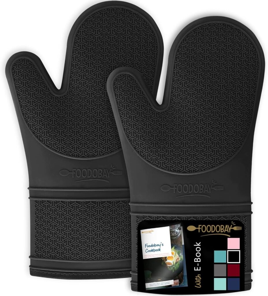 Foodobay Silicone Oven Mitts - 12.5” Jet Black Oven Mitts Heat Resistant 500F - Grippy Design,Soft Lining Silicone Oven Gloves - Oven Mits Set for Cooking Baking Kitchen Mittens Pot Holders Set of 2