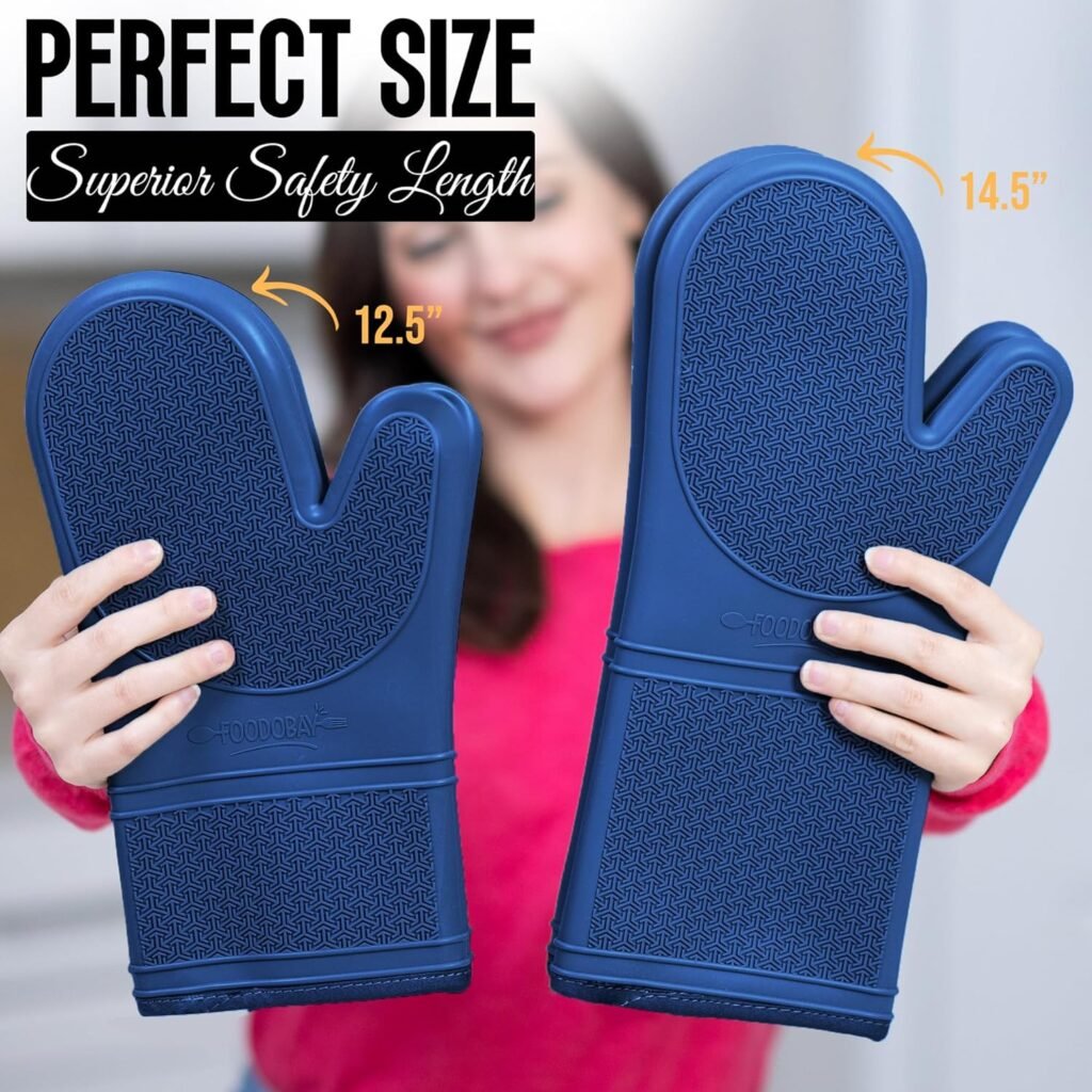 Foodobay Silicone Oven Mitts - 12.5” Jet Black Oven Mitts Heat Resistant 500F - Grippy Design,Soft Lining Silicone Oven Gloves - Oven Mits Set for Cooking Baking Kitchen Mittens Pot Holders Set of 2