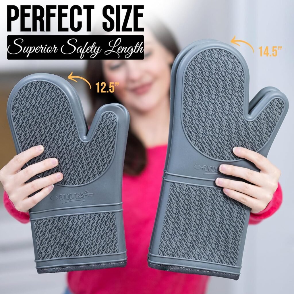 Foodobay Silicone Oven Mitts - 12.5” Jet Black Oven Mitts Heat Resistant 500F - Grippy Design,Soft Lining Silicone Oven Gloves - Oven Mits Set for Cooking Baking Kitchen Mittens Pot Holders Set of 2