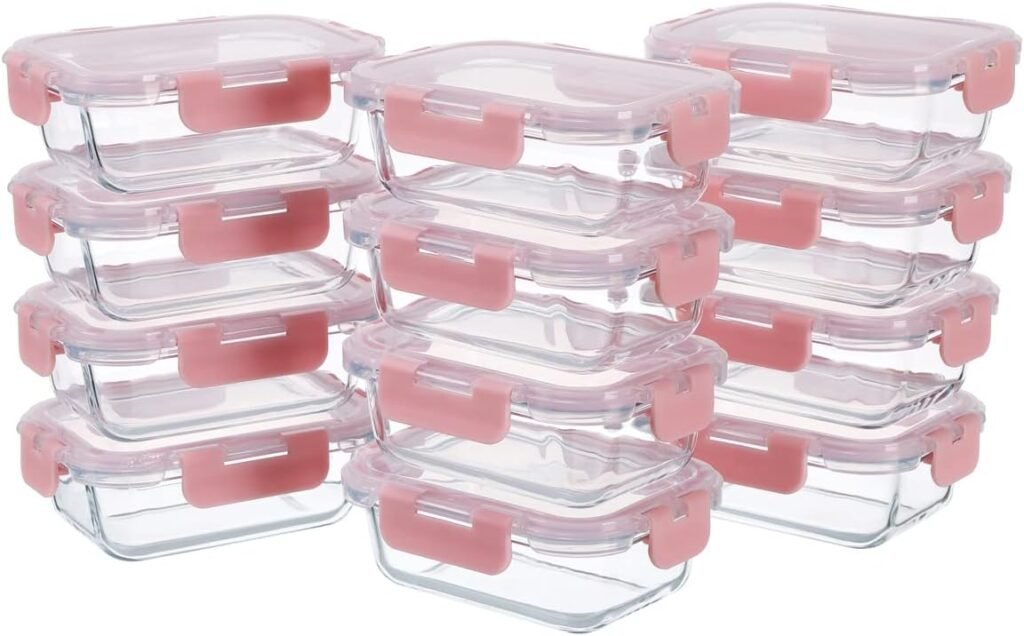 GULFLIN Small Glass Food Storage Containers 12 Pack-12oz Glass Containers with Lids for Meal Prep Food Storage, Freezer to Microwave Safe, Air-Tight, Leak-Proof, Pink Set