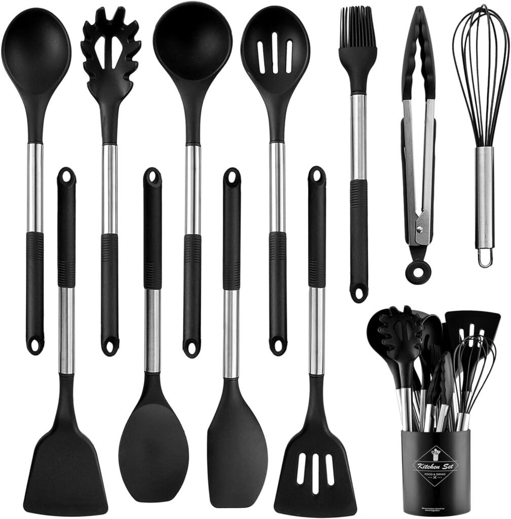 Keidason Silicone Cooking Utensils Set, 12-piece Kitchen Utensils Set Non-stick Cookware Is Heat-resistant, BPA-Free, Cooking Tools, Stirring Kitchen Tool Set -Black