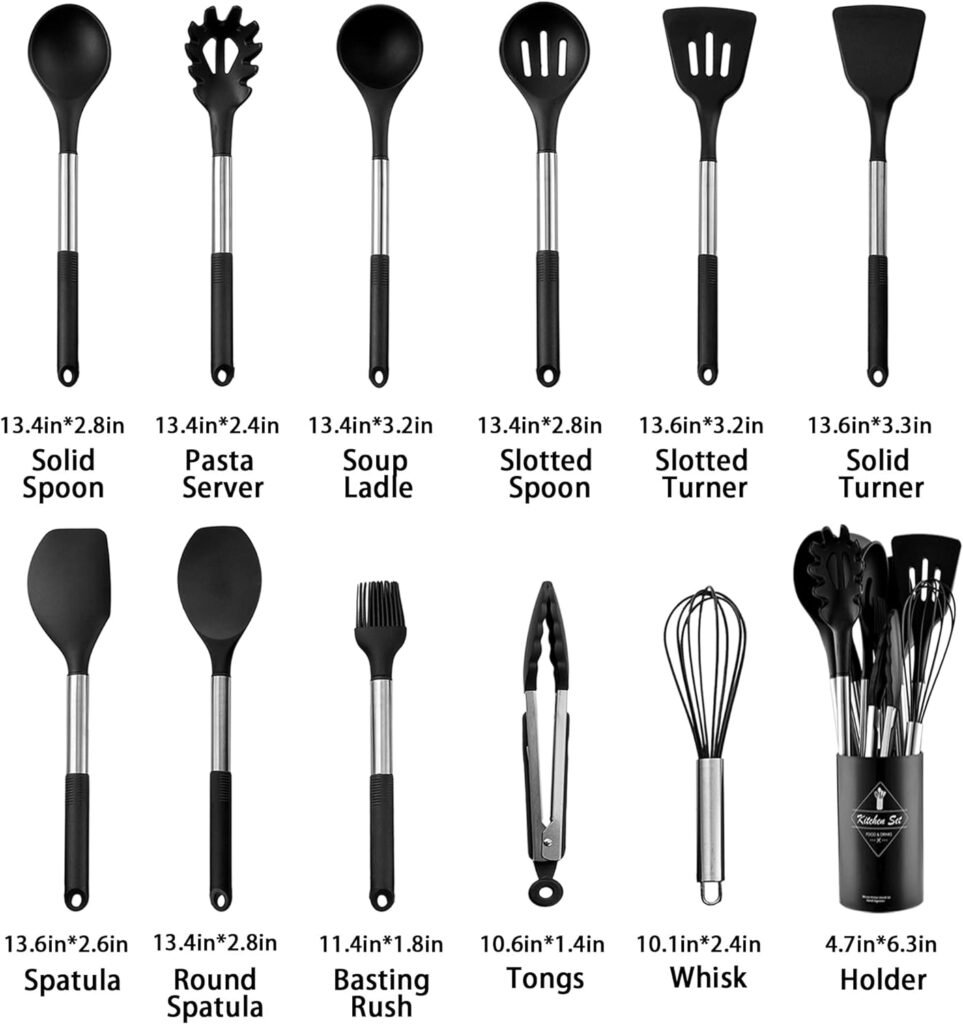 Keidason Silicone Cooking Utensils Set, 12-piece Kitchen Utensils Set Non-stick Cookware Is Heat-resistant, BPA-Free, Cooking Tools, Stirring Kitchen Tool Set -Black