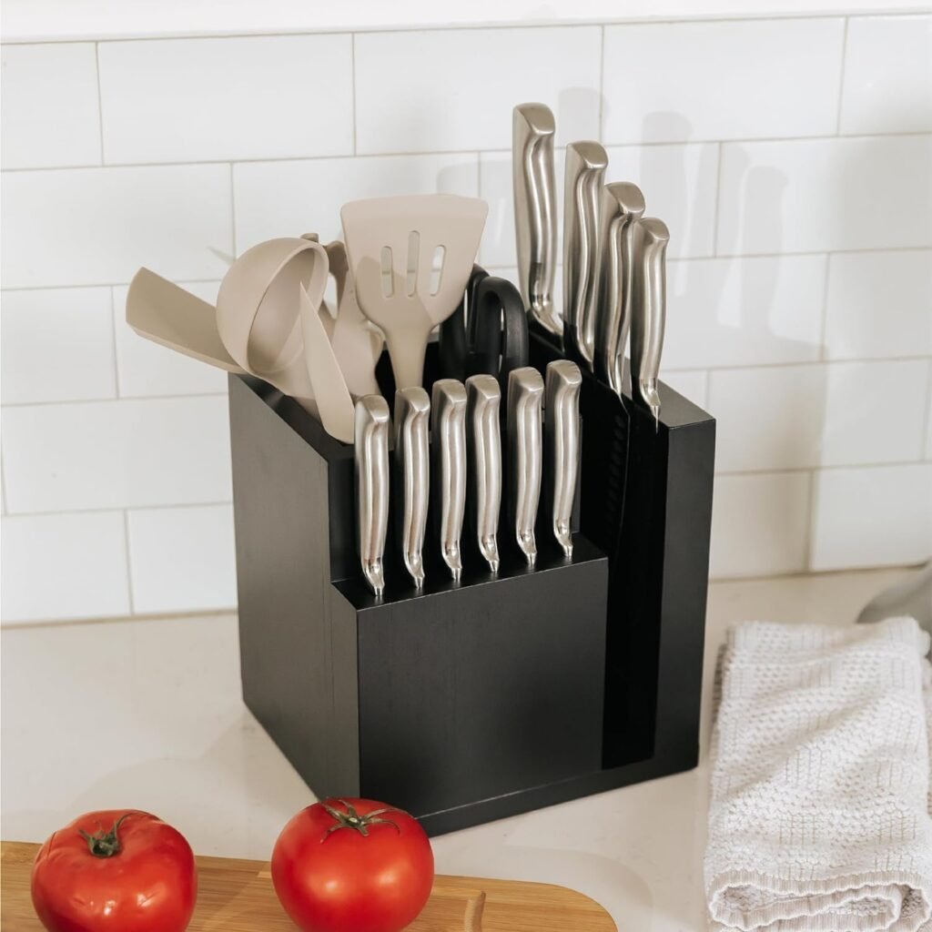 KitchenEdge Bamboo Magnetic Knife Block and Cooking Utensil Holder, Sleek Storage for Chefs Knives, Steak Knives, Spatulas, Scissors, Non-Slip Rubber Feet, Easy to Clean, Food-Safe Black Finish