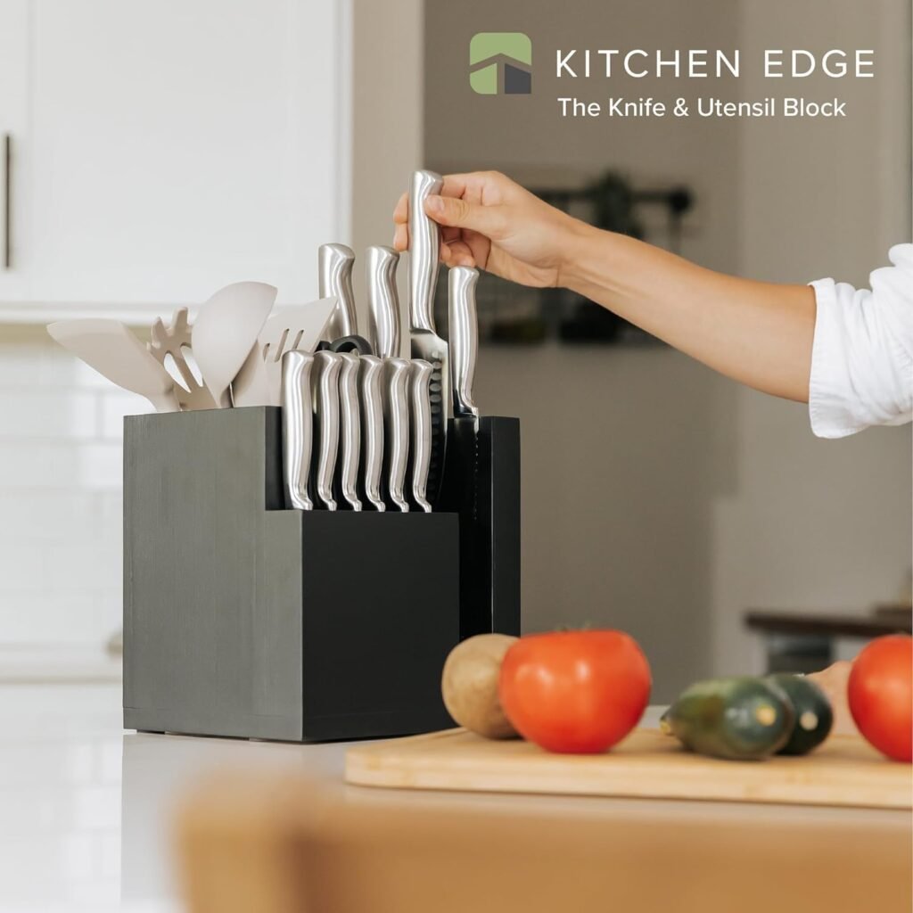 KitchenEdge Bamboo Magnetic Knife Block and Cooking Utensil Holder, Sleek Storage for Chefs Knives, Steak Knives, Spatulas, Scissors, Non-Slip Rubber Feet, Easy to Clean, Food-Safe Black Finish