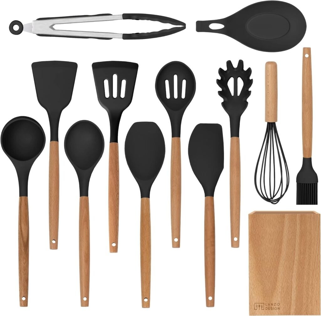 Lanzo Design Kitchen Utensil Set, 13 pcs Non-Stick Silicone Cooking Utensils Spatula Set with Wooden Holder (Black)