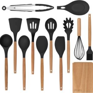 lanzo design kitchen utensil set 13 pcs non stick silicone cooking utensils spatula set with wooden holder black