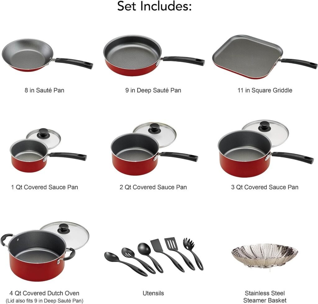 LEGENDARY-YES 18 Piece Nonstick Pots  Pans Cookware Set Kitchen Kitchenware Cooking NEW (RED)