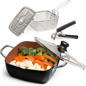 moss stone copper 5 piece set chef cookware non stick pan deep square pan fry basket steamer tray dishwasher oven safe 5