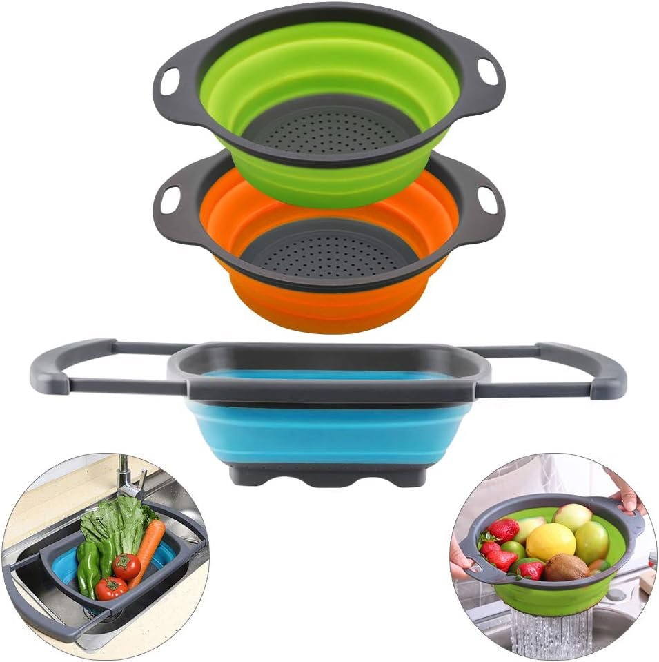 Qimh Collapsible Colander Set of 3 Round Silicone Kitchen Strainer Set - 2 pcs 4 Quart and 1 pcs 2 Quart- Perfect for Draining Pasta, Vegetable and fruit (green,blue, purple)