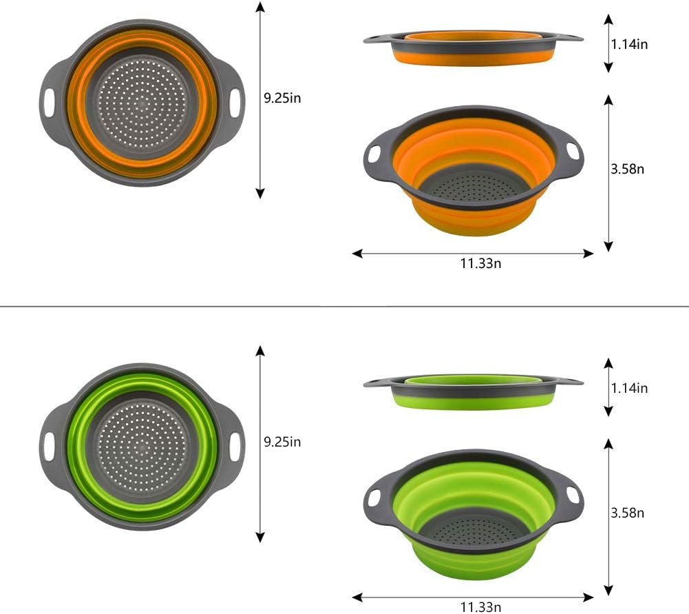 Qimh Collapsible Colander Set of 3 Round Silicone Kitchen Strainer Set - 2 pcs 4 Quart and 1 pcs 2 Quart- Perfect for Draining Pasta, Vegetable and fruit (green,blue, purple)